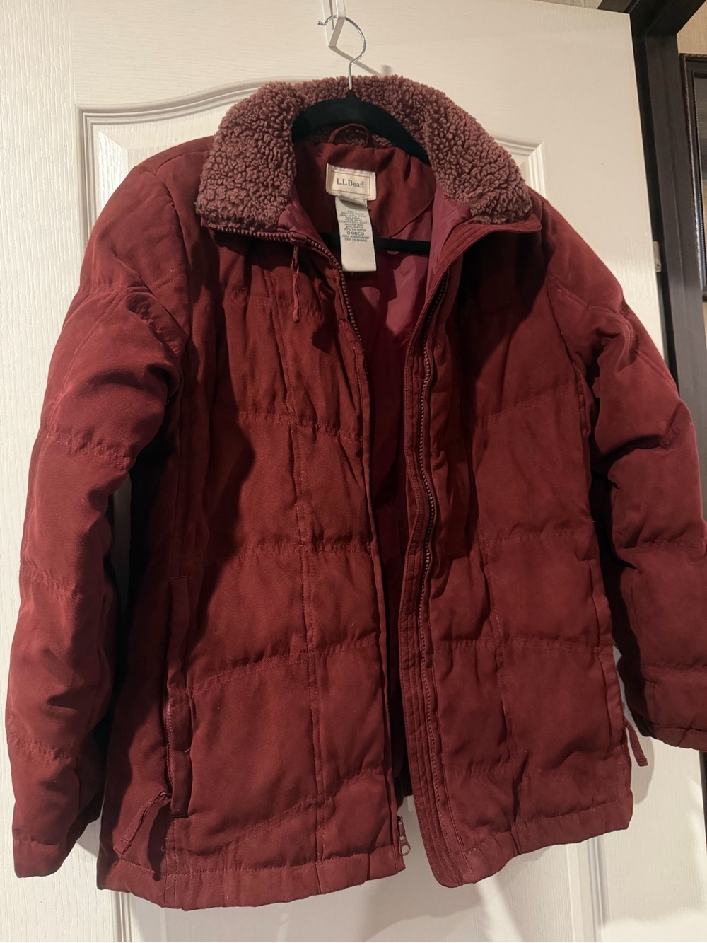 L.L. Bean Women's Dark Burgundy Puffer Jacket with Sherpa Collar